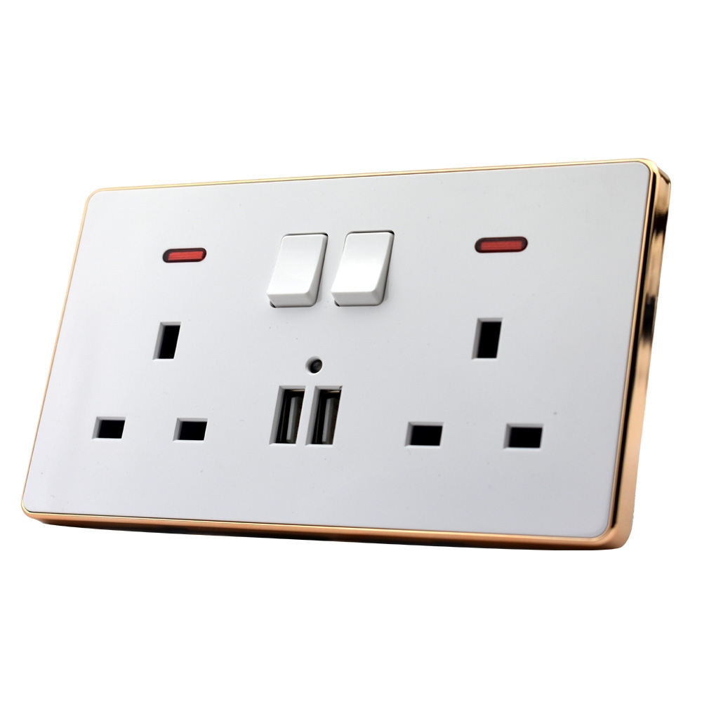 Double Wall Plug Socket 2 Gang 13A with 2 USB Charger Port Outlet Slim